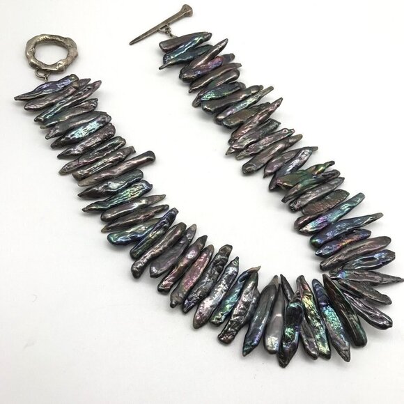 Vintage 925 Sterling Silver Chunky Abalone Unique Abstract Toggle Necklace - Picture 8 of 11